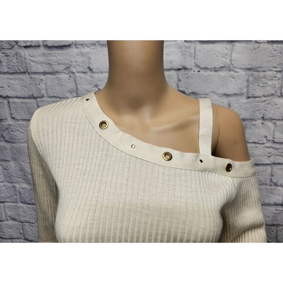 VENUS S IVORY CREAM COLD SHOULDER RIBBED KNIT GTOMMET TUNIC SIDE SLIT SWEATER TO - Picture 3 of 15